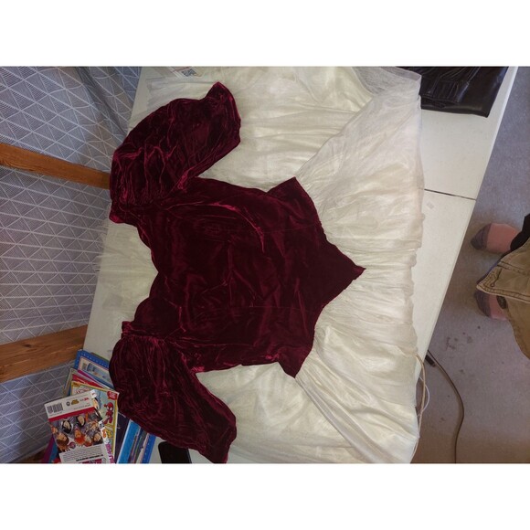 80s Vintage Red Wine Velvet Half Sleeve Victorian Puff Shoulder Party Ball Dress - Picture 4 of 12